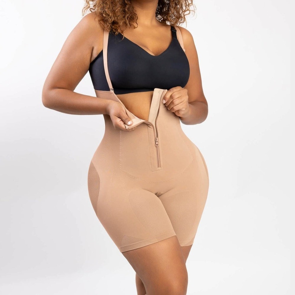 Popilush Beige High Waist Mid Thigh Bodysuit Shaper Mesh Tummy Control Butt Lift
